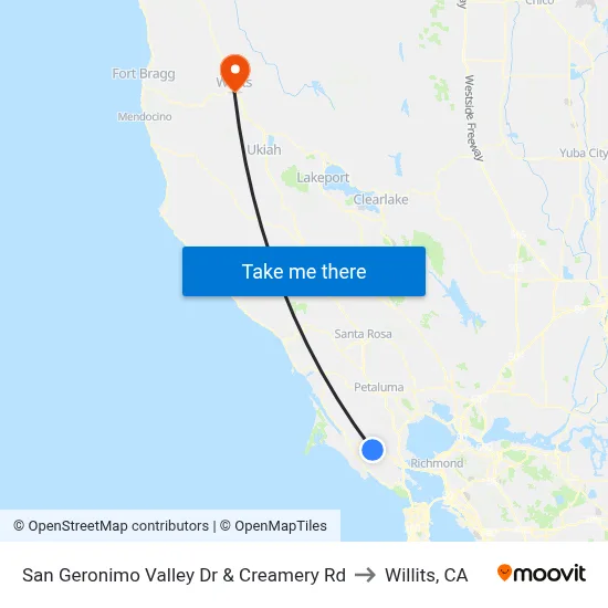 San Geronimo Valley Dr & Creamery Rd to Willits, CA map