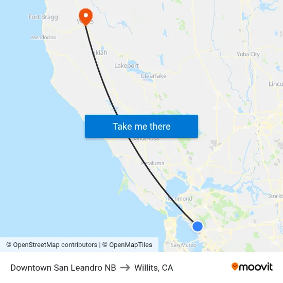 Downtown San Leandro NB to Willits, CA map