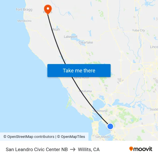 San Leandro Civic Center NB to Willits, CA map