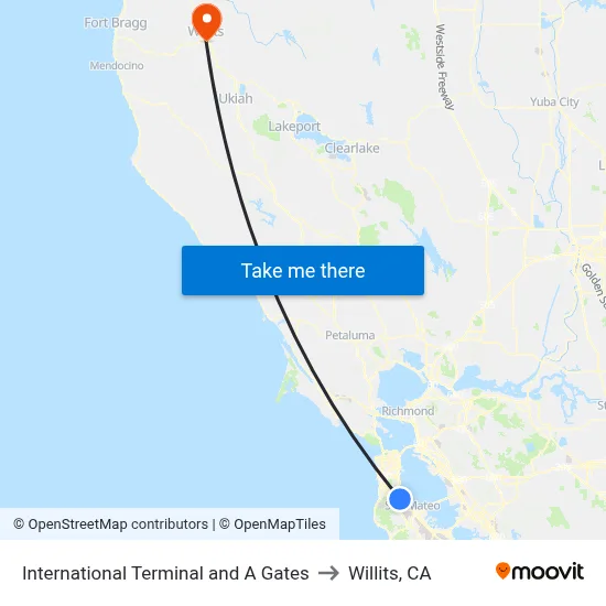 International Terminal and A Gates to Willits, CA map