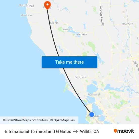 International Terminal and G Gates to Willits, CA map