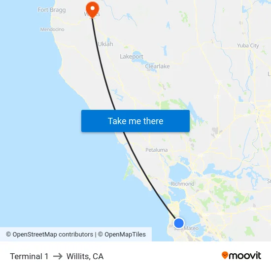 Terminal 1 to Willits, CA map