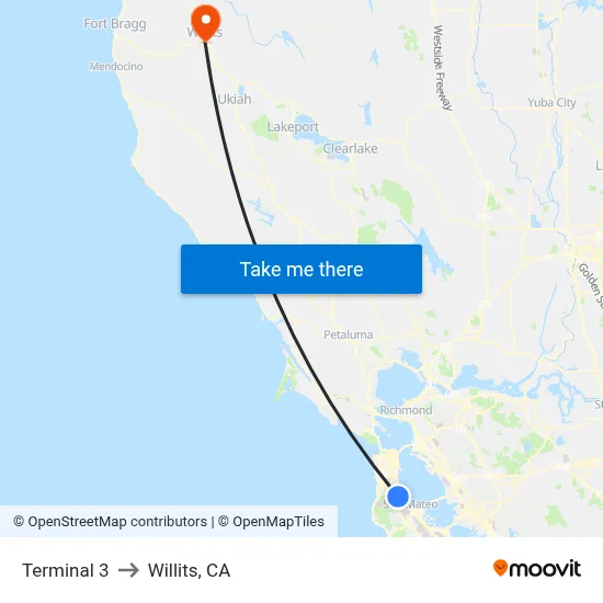 Terminal 3 to Willits, CA map
