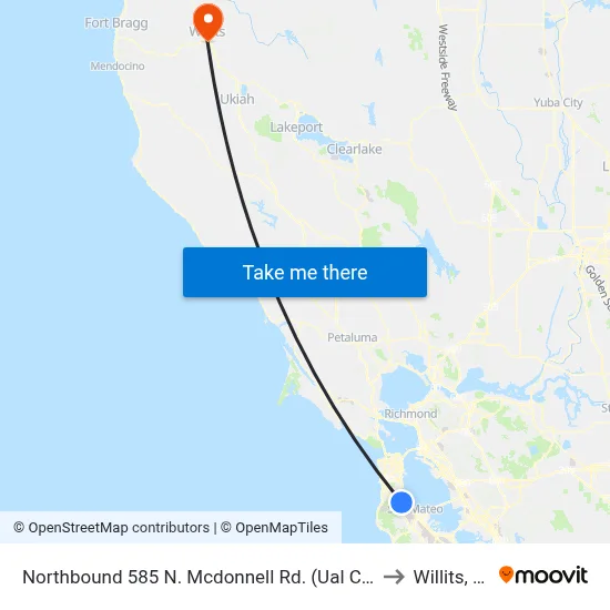 Northbound 585 N. Mcdonnell Rd. (Ual Cargo) to Willits, CA map