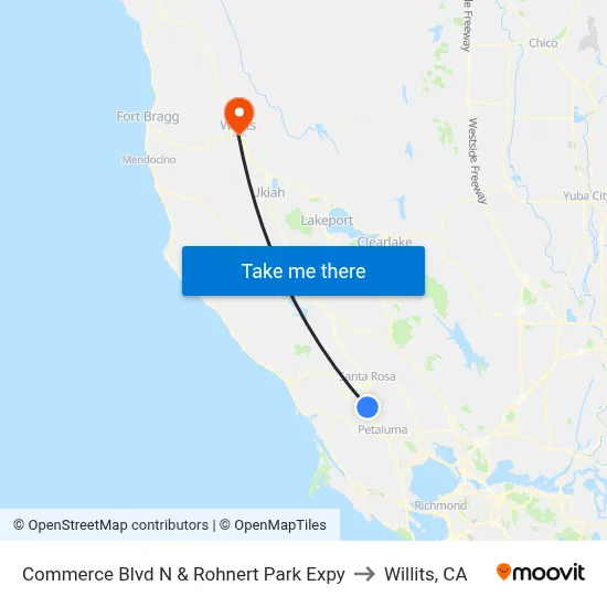 Commerce Blvd N & Rohnert Park Expy to Willits, CA map