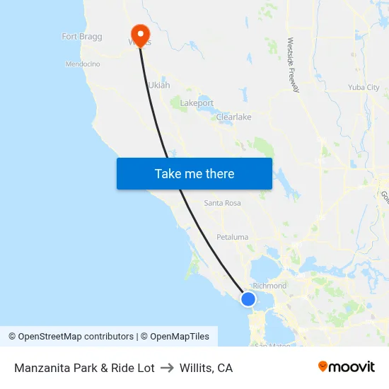 Manzanita Park & Ride Lot to Willits, CA map