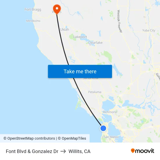 Font Blvd & Gonzalez Dr to Willits, CA map
