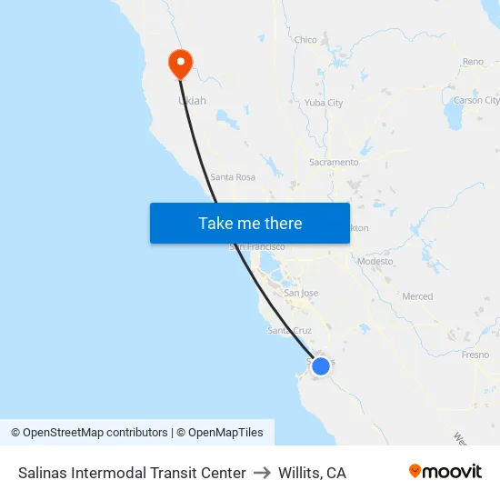 Salinas Intermodal Transit Center to Willits, CA map
