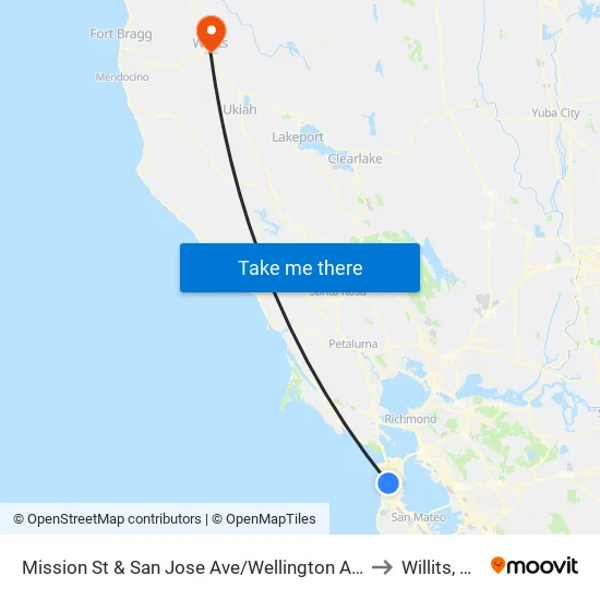 Mission St & San Jose Ave/Wellington Ave to Willits, CA map