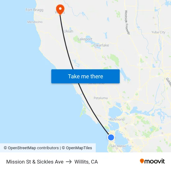 Mission St & Sickles Ave to Willits, CA map