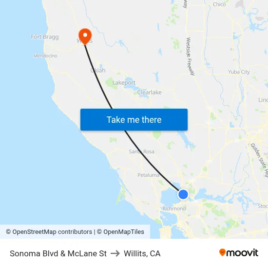 Sonoma Blvd & McLane St to Willits, CA map