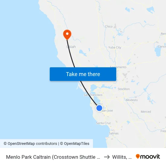 Menlo Park Caltrain (Crosstown Shuttle Stop) to Willits, CA map