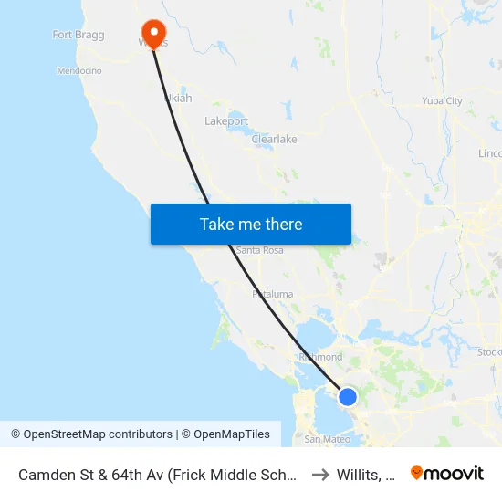 Camden St & 64th Av (Frick Middle School) to Willits, CA map