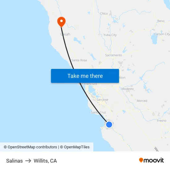 Salinas to Willits, CA map