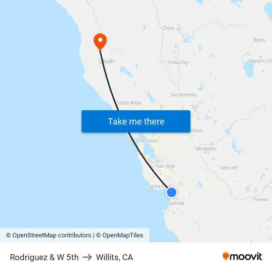Rodriguez & W 5th to Willits, CA map