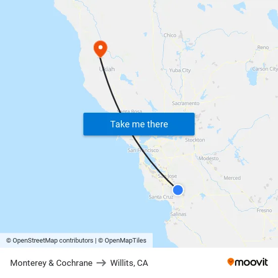 Monterey & Cochrane (S) to Willits, CA map
