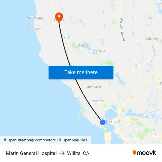 Marin General Hospital to Willits, CA map