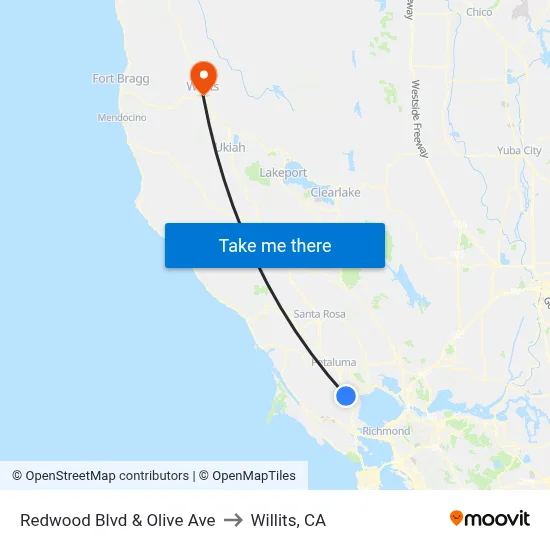 Redwood Blvd & Olive Ave to Willits, CA map