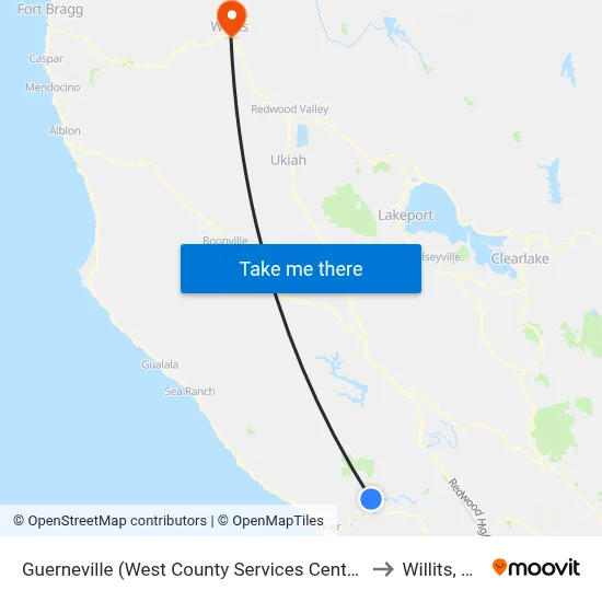 Guerneville (West County Services Center) to Willits, CA map