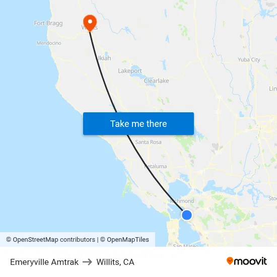 Emeryville Amtrak to Willits, CA map