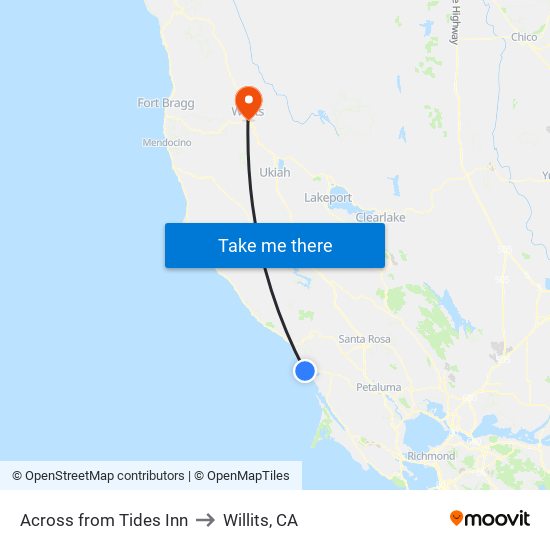 Across from Tides Inn to Willits, CA map