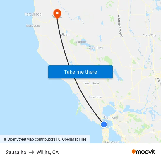Sausalito to Willits, CA map