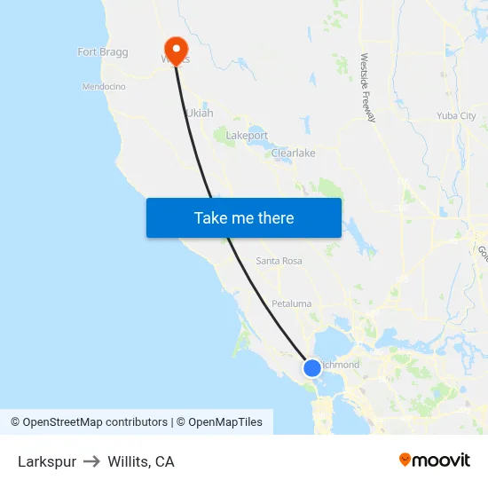 Larkspur to Willits, CA map
