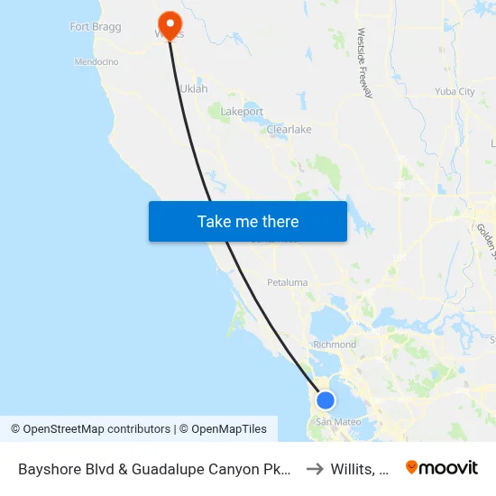 Bayshore Blvd & Guadalupe Canyon Pkwy to Willits, CA map