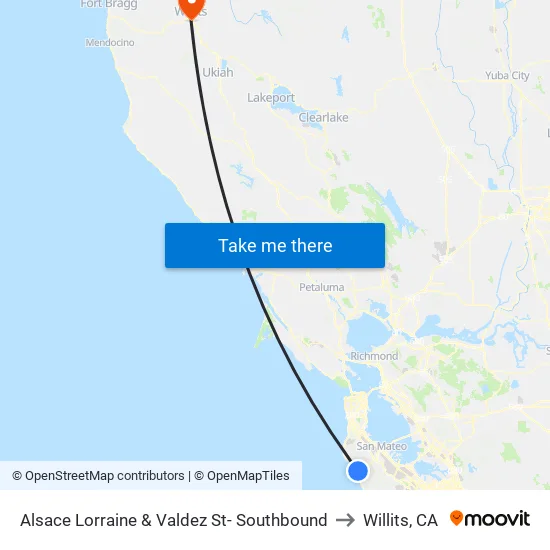 Alsace Lorraine & Valdez St- Southbound to Willits, CA map