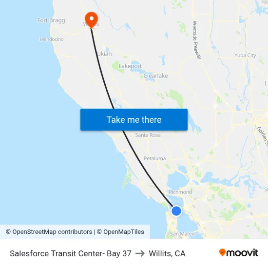 Salesforce Transit Center- Bay 37 to Willits, CA map