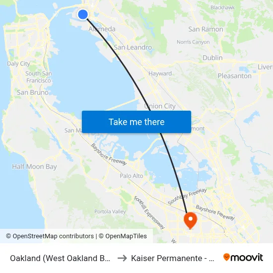 Oakland (West Oakland BART Station) to Kaiser Permanente - Santa Clara map