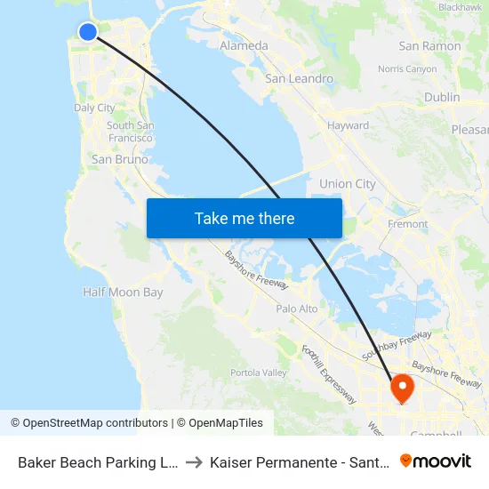 Baker Beach Parking Lot SW to Kaiser Permanente - Santa Clara map