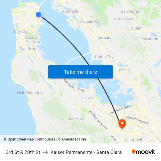 3rd St & 20th St to Kaiser Permanente - Santa Clara map