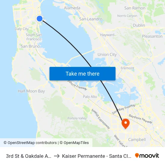3rd St & Oakdale Ave to Kaiser Permanente - Santa Clara map