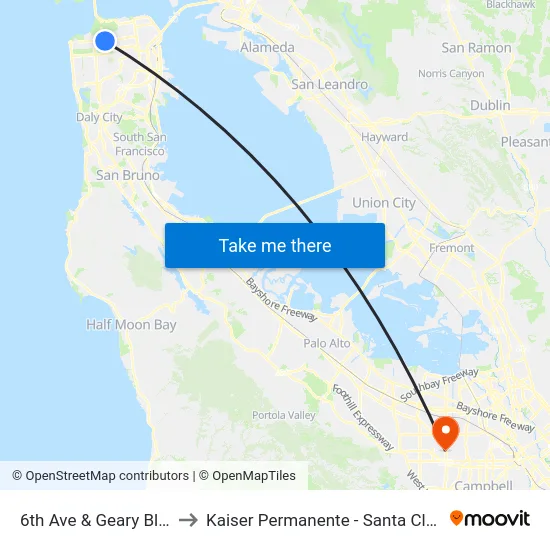6th Ave & Geary Blvd to Kaiser Permanente - Santa Clara map