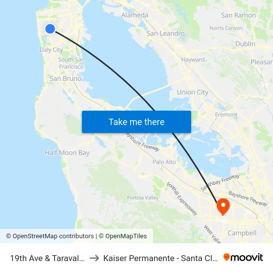 19th Ave & Taraval St to Kaiser Permanente - Santa Clara map