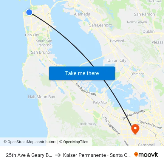 25th Ave & Geary Blvd to Kaiser Permanente - Santa Clara map