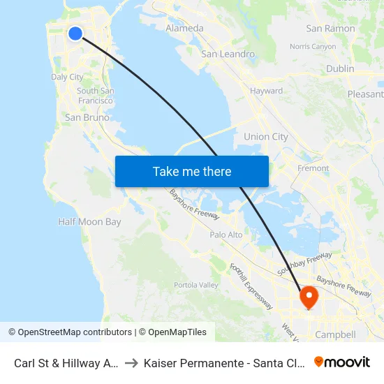 Carl St & Hillway Ave to Kaiser Permanente - Santa Clara map