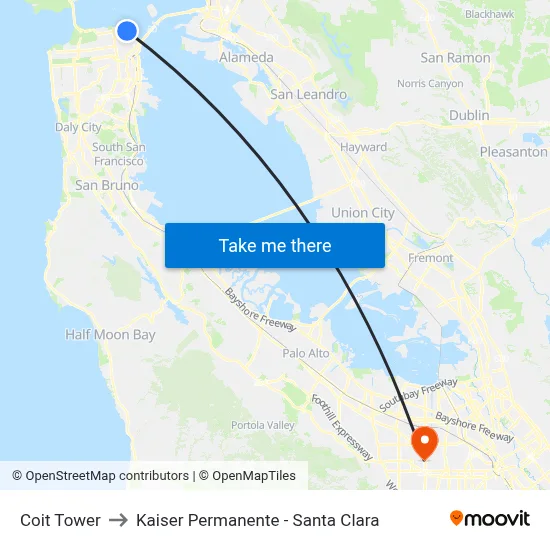 Coit Tower to Kaiser Permanente - Santa Clara map