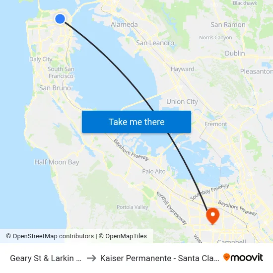 Geary St & Larkin St to Kaiser Permanente - Santa Clara map