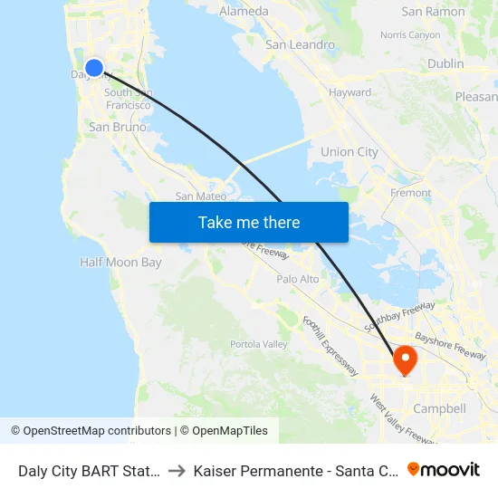 Daly City BART Station to Kaiser Permanente - Santa Clara map
