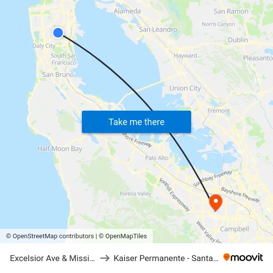 Excelsior Ave & Mission St to Kaiser Permanente - Santa Clara map