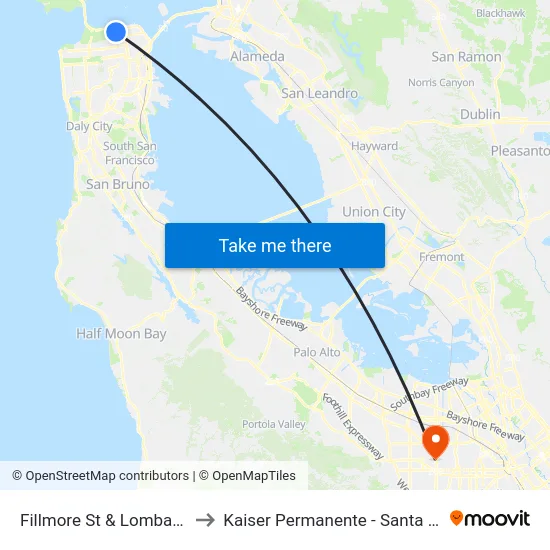 Fillmore St & Lombard St to Kaiser Permanente - Santa Clara map