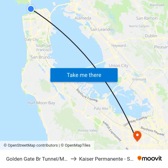 Golden Gate Br Tunnel/Merchant Rd to Kaiser Permanente - Santa Clara map