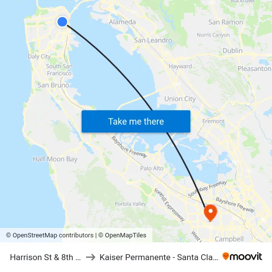 Harrison St & 8th St to Kaiser Permanente - Santa Clara map