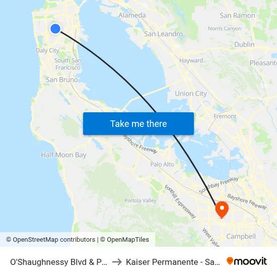 O'Shaughnessy Blvd & Portola Dr to Kaiser Permanente - Santa Clara map