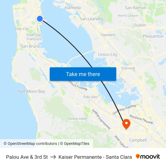 Palou Ave & 3rd St to Kaiser Permanente - Santa Clara map