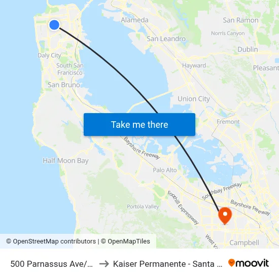 500 Parnassus Ave/Ucsf to Kaiser Permanente - Santa Clara map