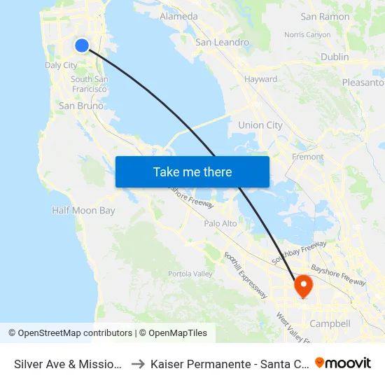 Silver Ave & Mission St to Kaiser Permanente - Santa Clara map