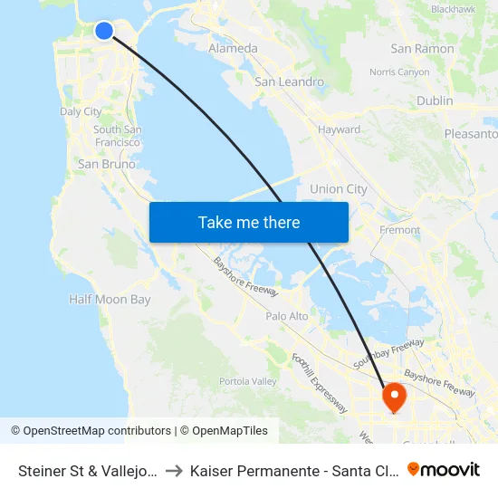 Steiner St & Vallejo St to Kaiser Permanente - Santa Clara map